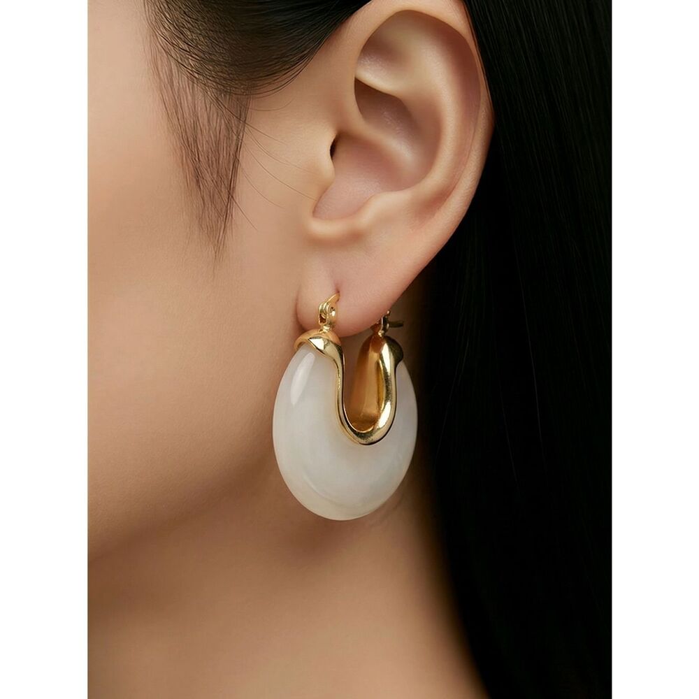 Ivory Resin Crescent Hoop Earrings Gold Tone Chunky Sculptural Retro Modern New